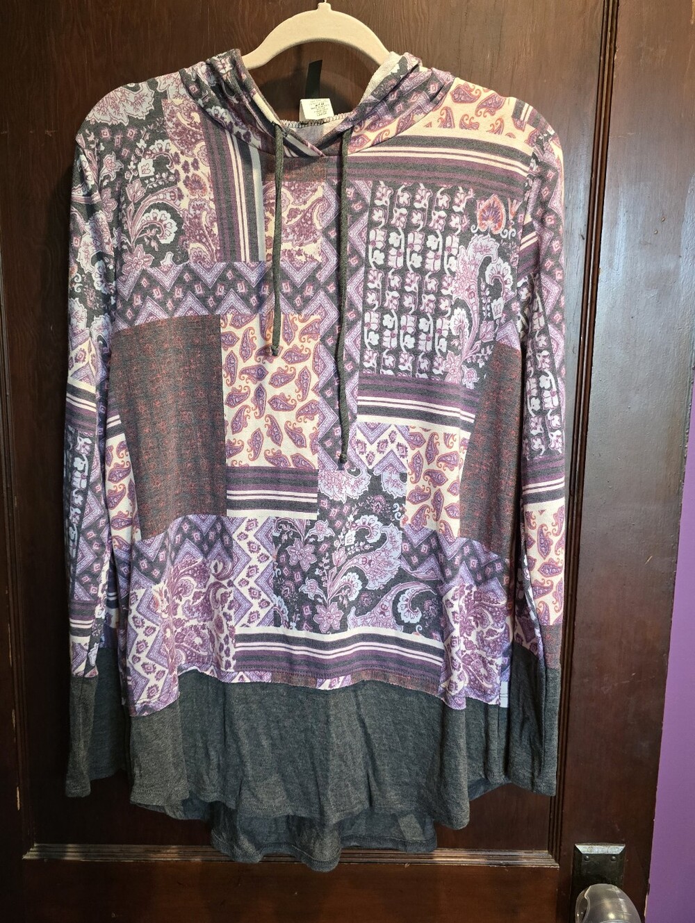 Patchwork Paisley Hooded Pullover - Purple Mix